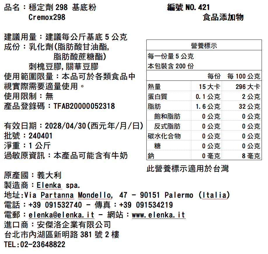421 CREMOX 298 穩定劑(結構改良、熱/冷處理)